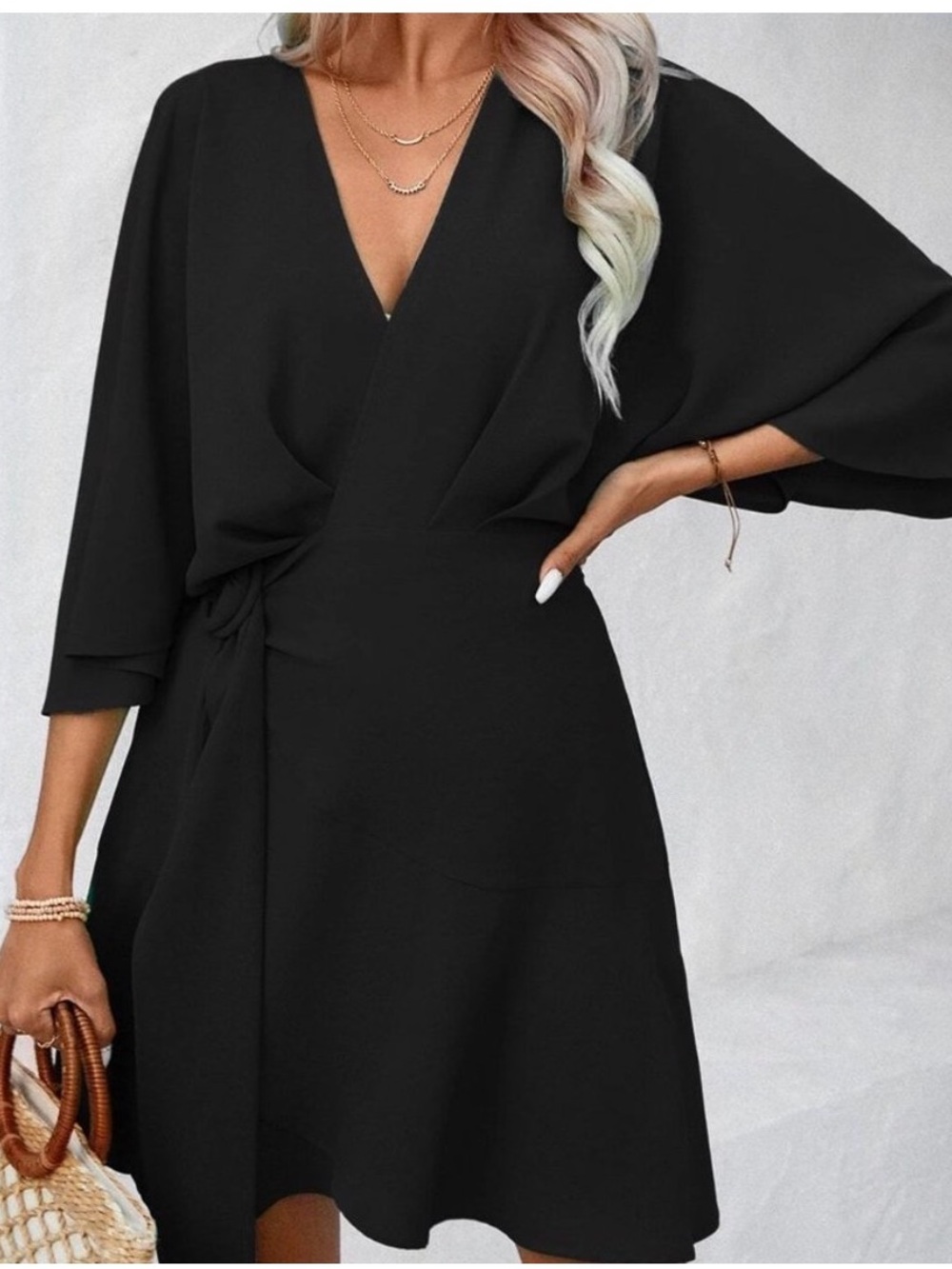 Black Boho Womens Batwing Sleeve Ruffle Hem Wrap Knot Side Dress